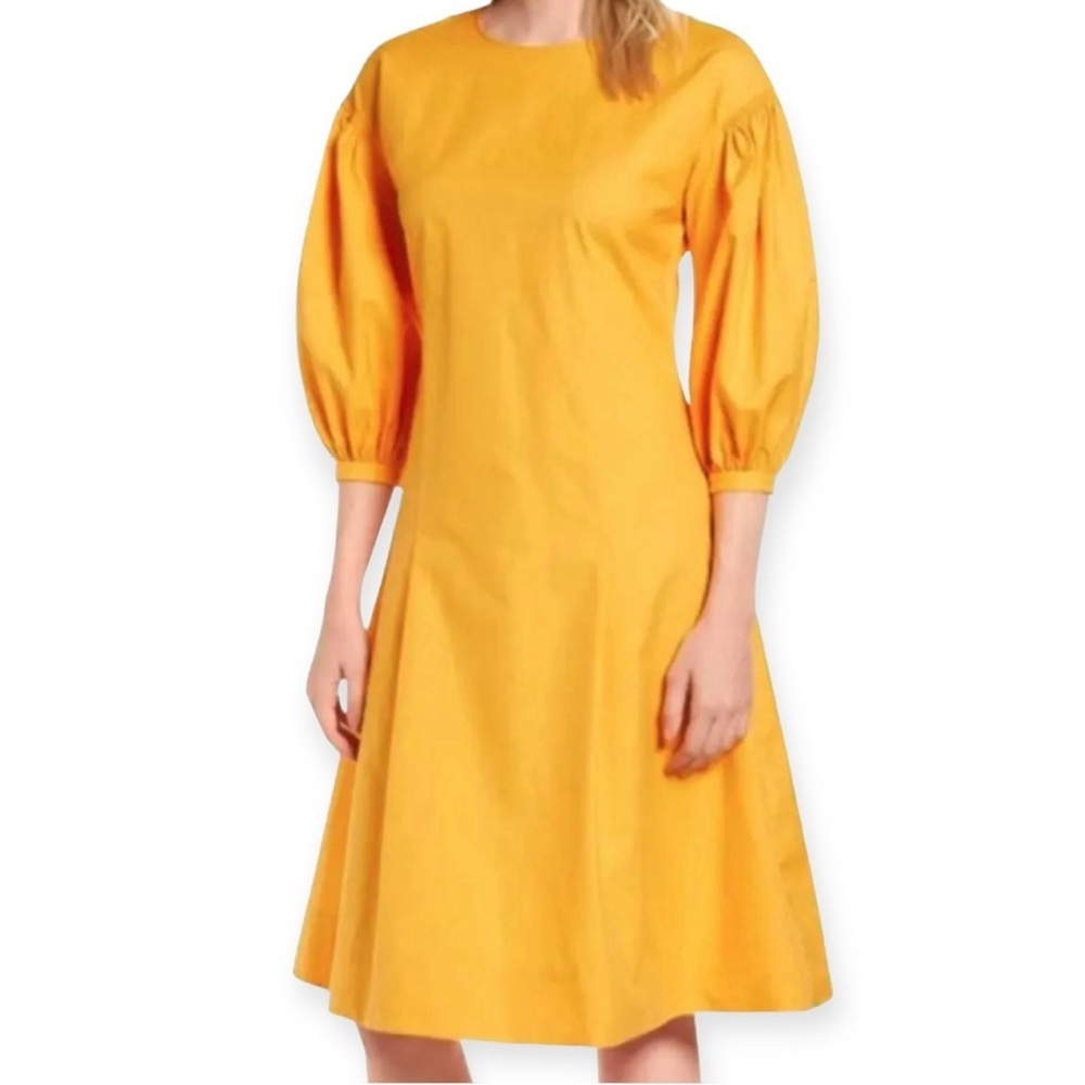 Lewit Yellow Blouson Sleeve Aline Cotton Midi Dress Size 12